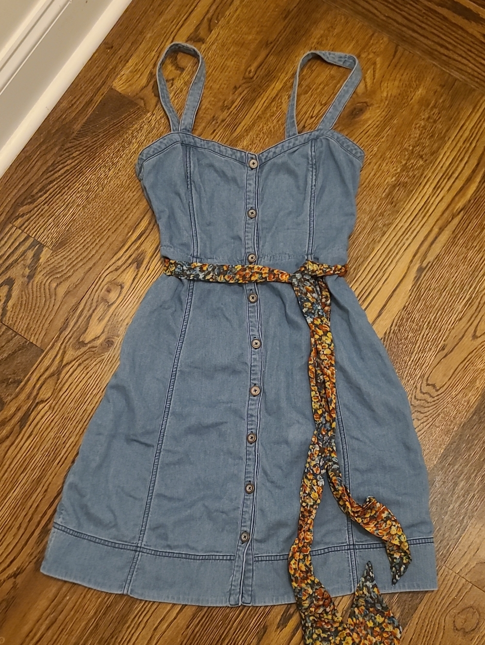 Anthropologie Blue Denim Button-Front Dress with Floral Tie Belt